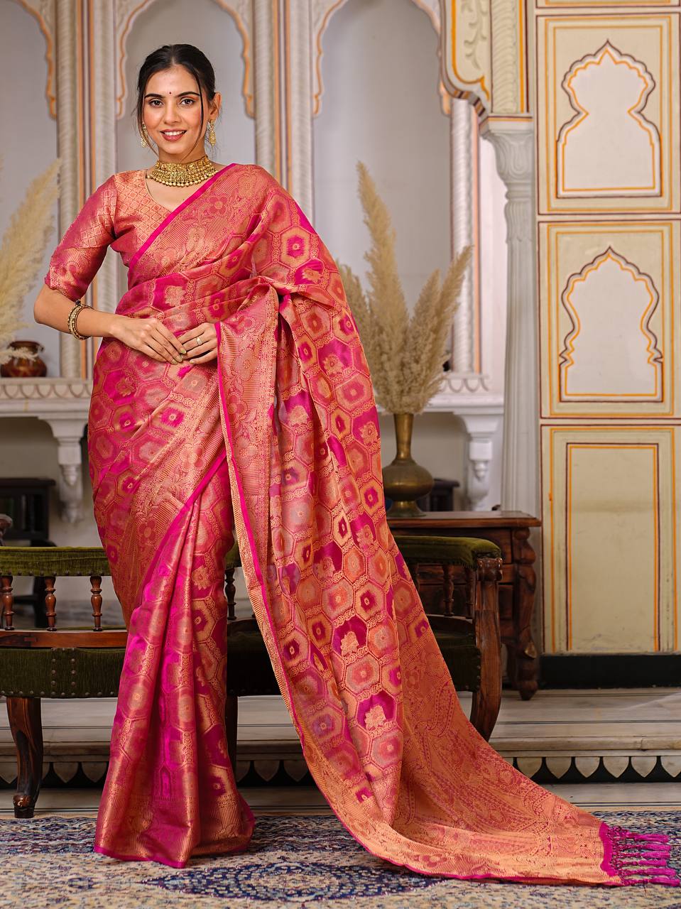 Pure Organza Saree Exuding Regal Charm With Its Rich Pallu And Intricate Brocade