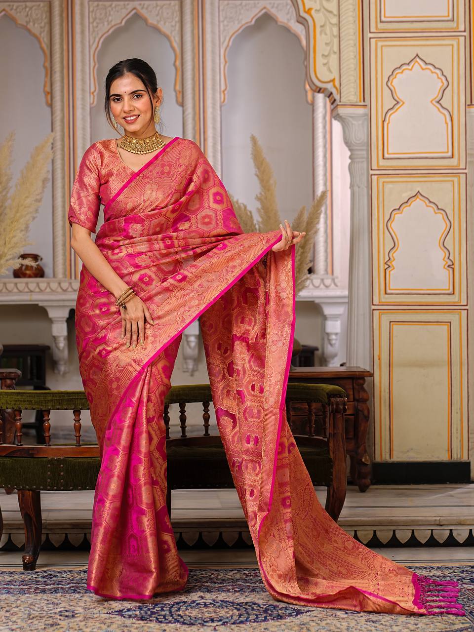 Pure Organza Saree Exuding Regal Charm With Its Rich Pallu And Intricate Brocade