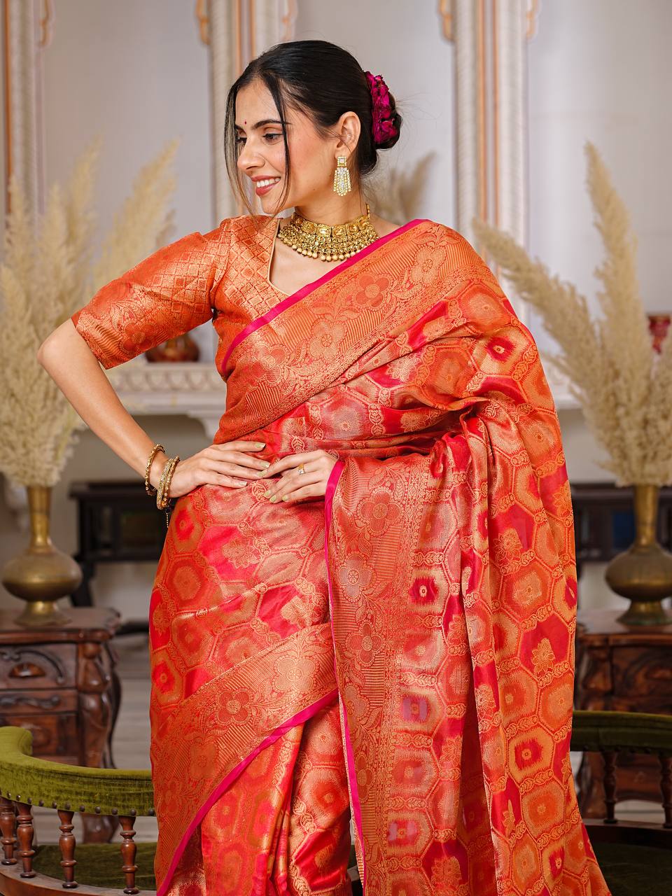 Pure Organza Saree Exuding Regal Charm With Its Rich Pallu And Intricate Brocade
