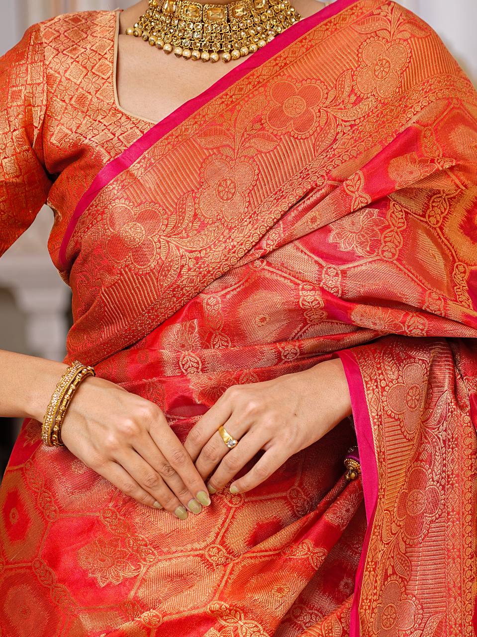 Pure Organza Saree Exuding Regal Charm With Its Rich Pallu And Intricate Brocade