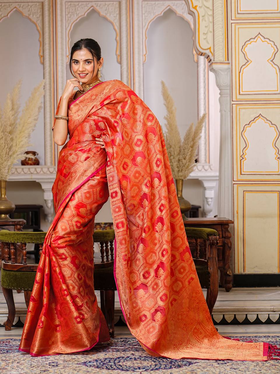 Pure Organza Saree Exuding Regal Charm With Its Rich Pallu And Intricate Brocade