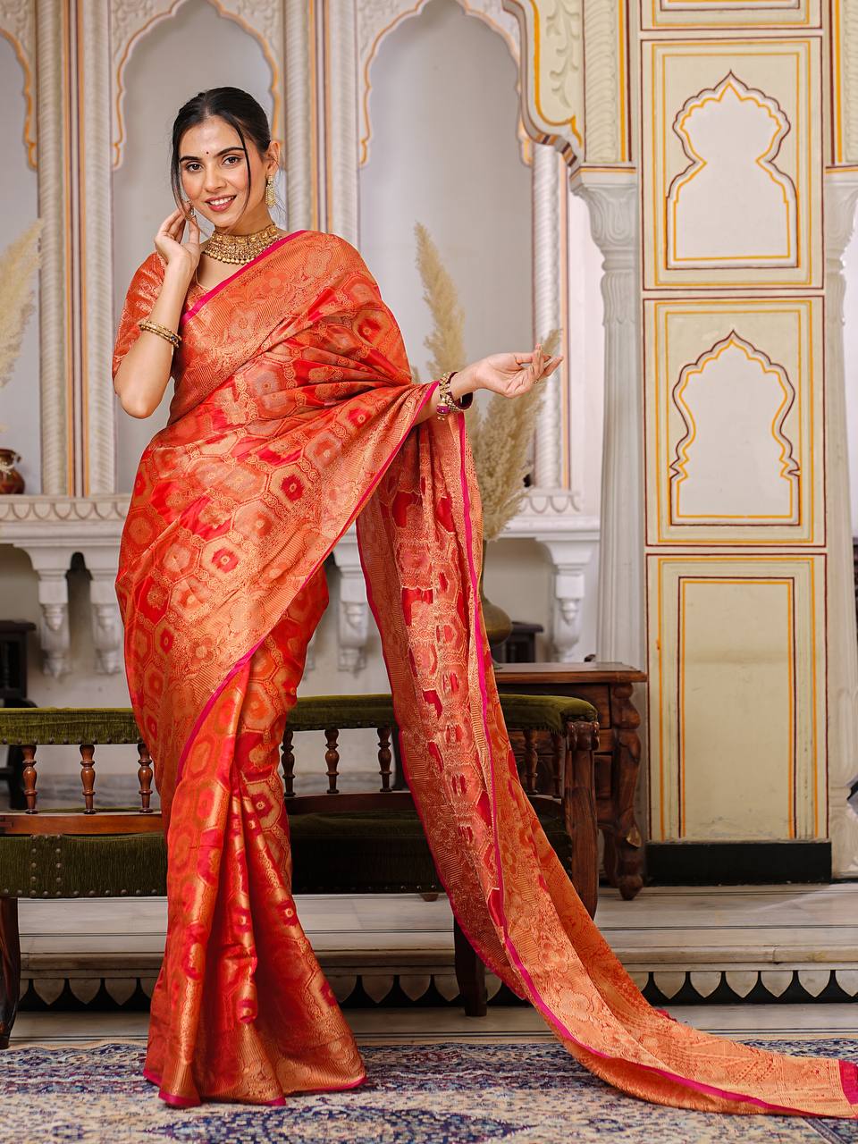 Pure Organza Saree Exuding Regal Charm With Its Rich Pallu And Intricate Brocade