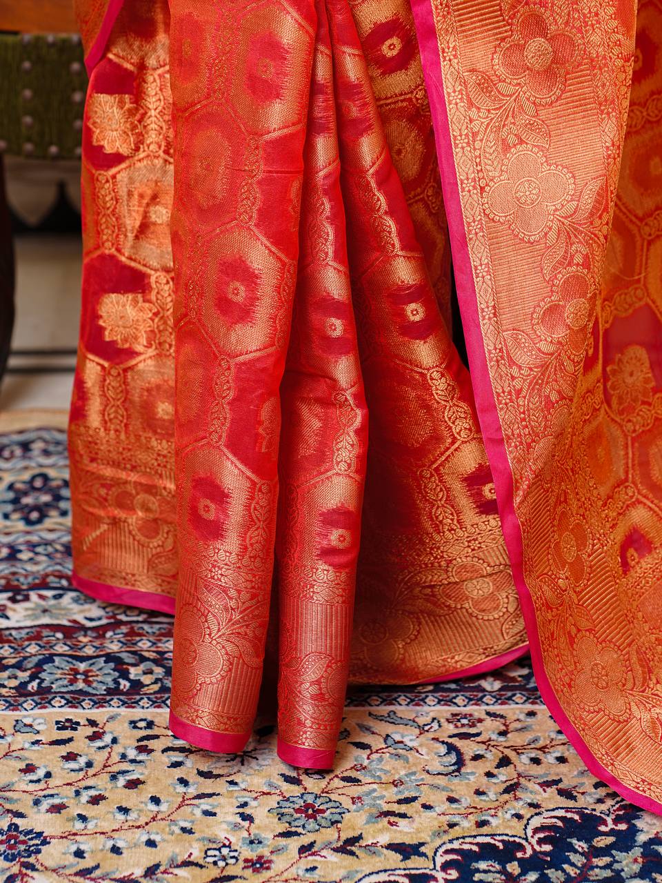 Pure Organza Saree Exuding Regal Charm With Its Rich Pallu And Intricate Brocade