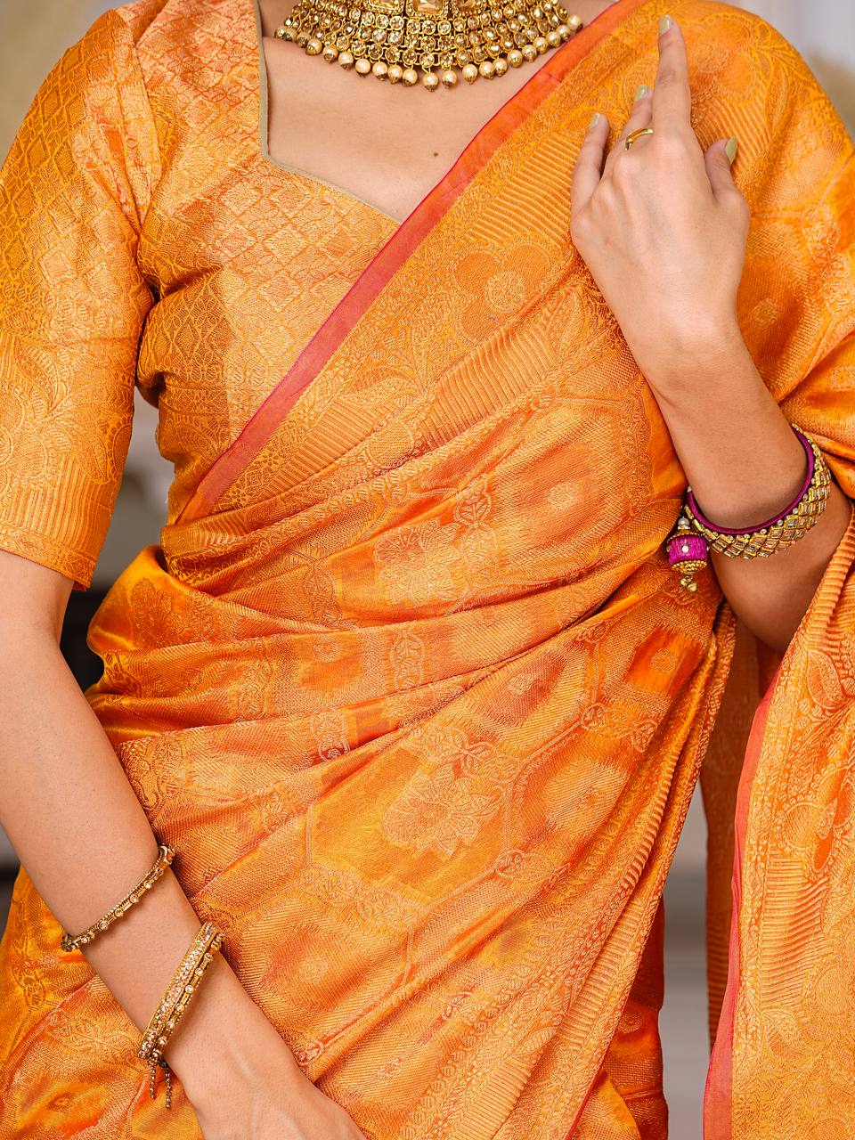 Pure Organza Saree Exuding Regal Charm With Its Rich Pallu And Intricate Brocade