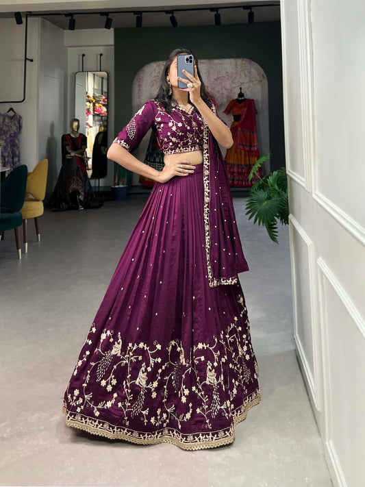 Wine Color Vichitra Silk Sequins and Thread Embroidery Work With Lace Border Lehenga Choli