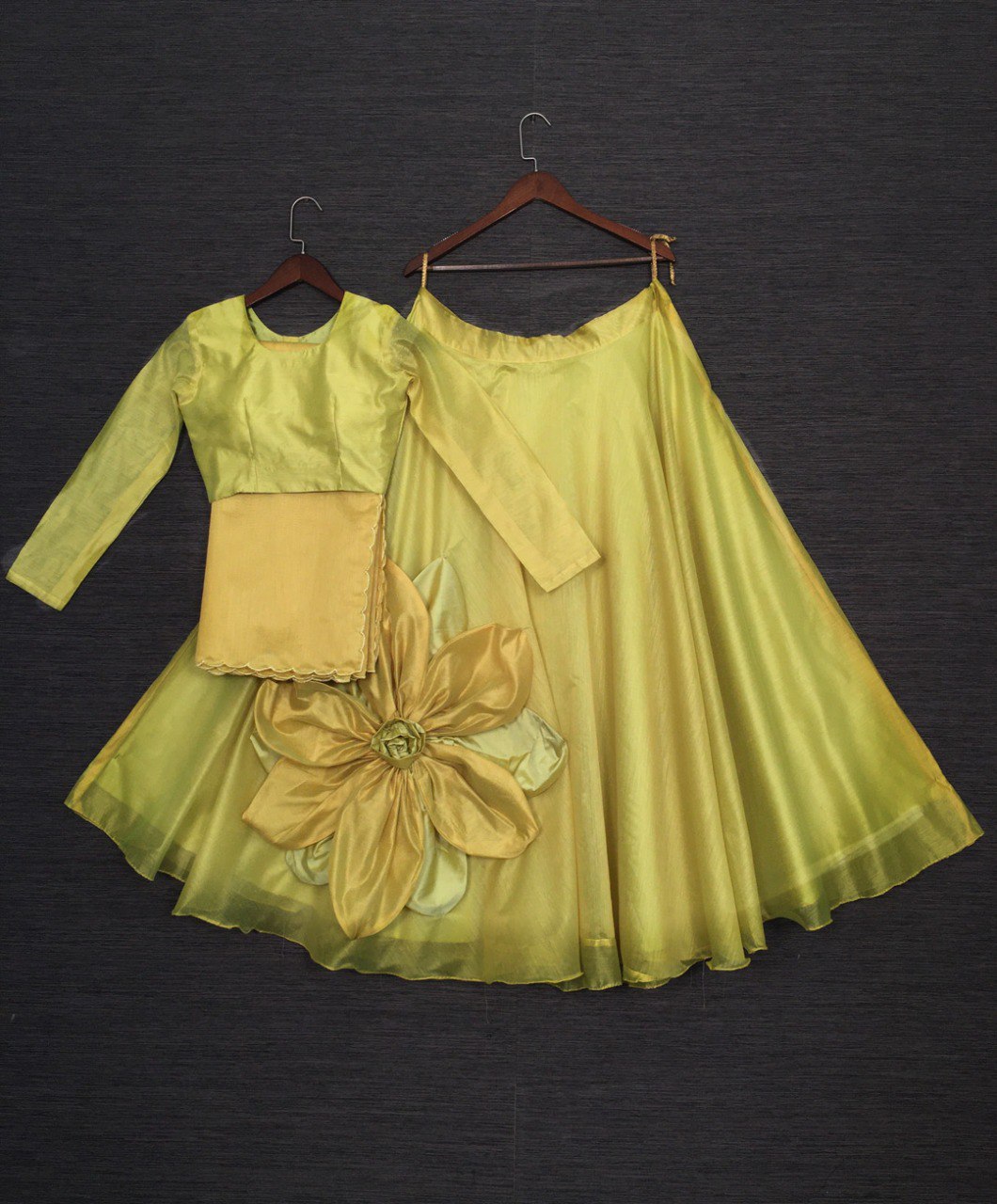 Parrot Color Rajwadi Chanderi Silk Hand Made Flower Lehenga Choli