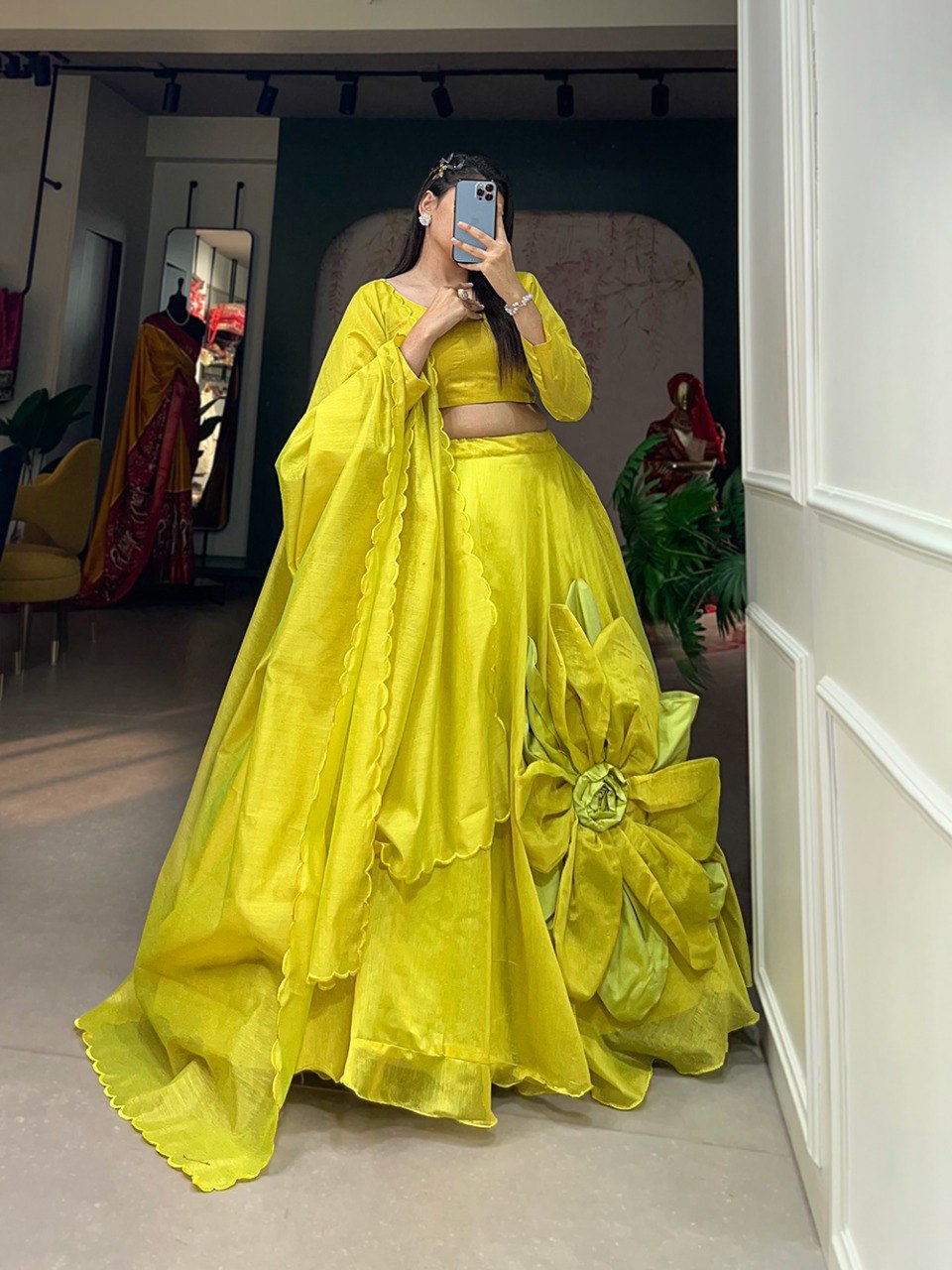 Parrot Color Rajwadi Chanderi Silk Hand Made Flower Lehenga Choli