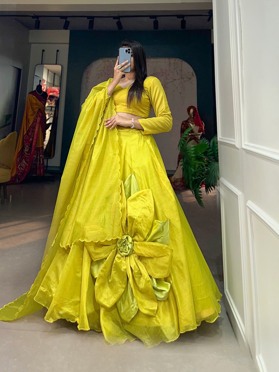 Parrot Color Rajwadi Chanderi Silk Hand Made Flower Lehenga Choli