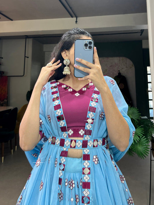 Sky Blue Color Georgette Sequins and Embroidery With Original Mirror Work Lehenga Choli