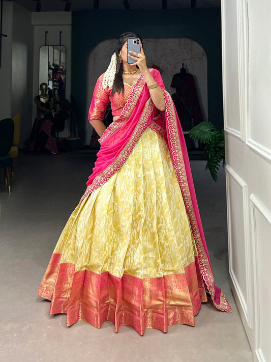 Mustard Color Jacquard Silk Zari weaving Work Lehenga Choli