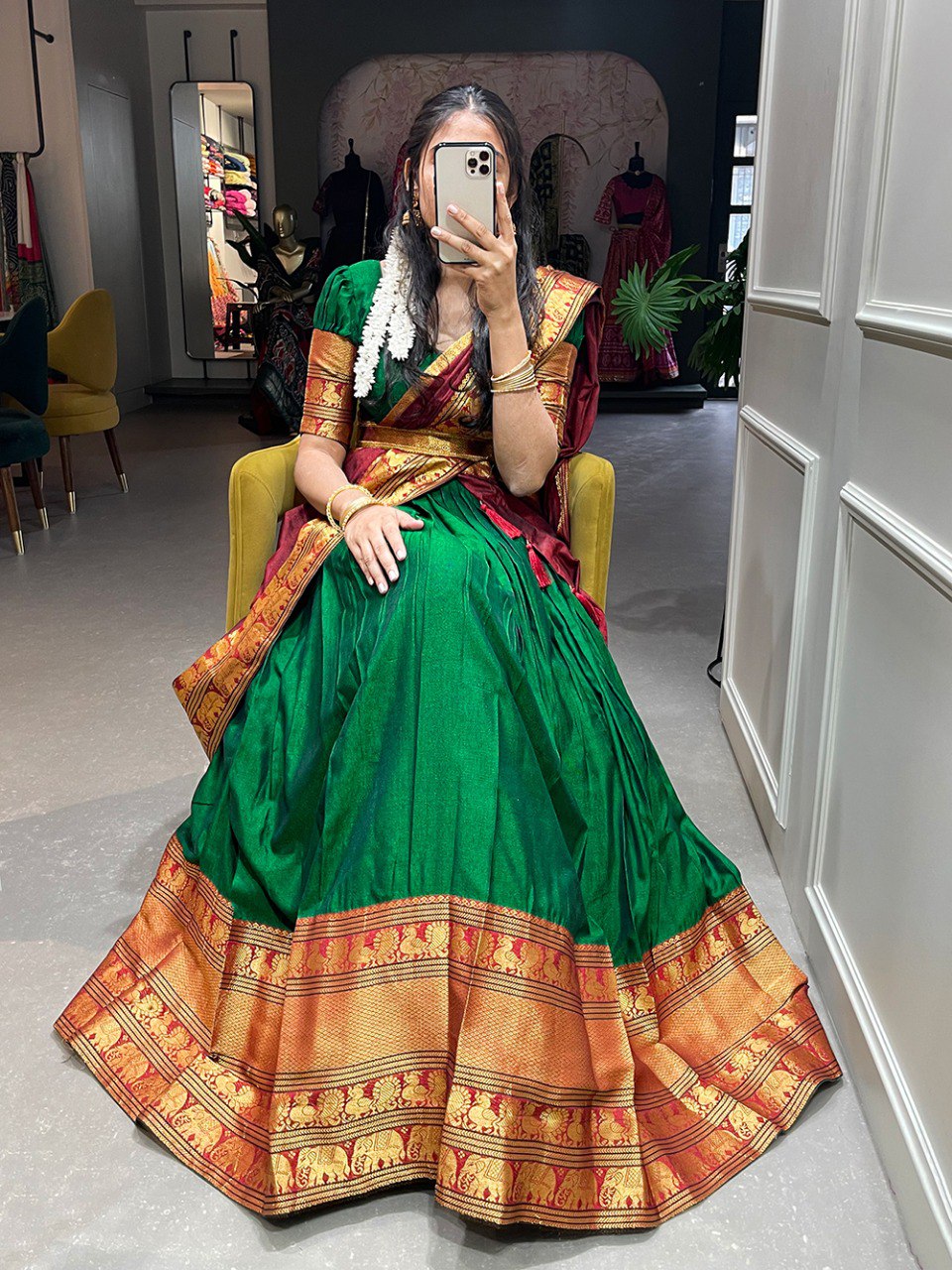 Green Color Narayan Pet Cotton Zari Weaving Work Lehenga Choli