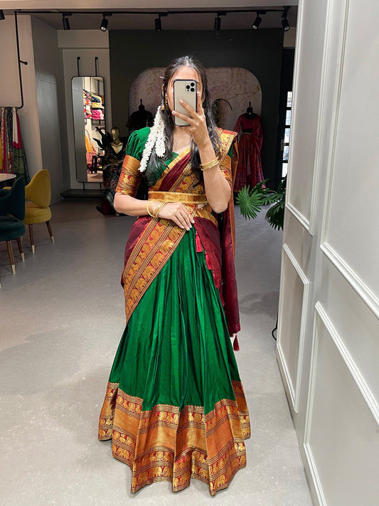 Green Color Narayan Pet Cotton Zari Weaving Work Lehenga Choli