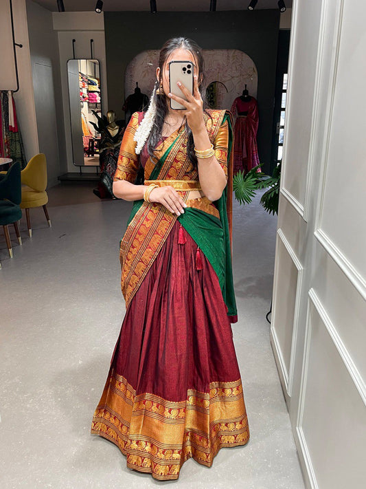 Maroon Color Narayan Pet Cotton Zari Weaving Work Lehenga Choli