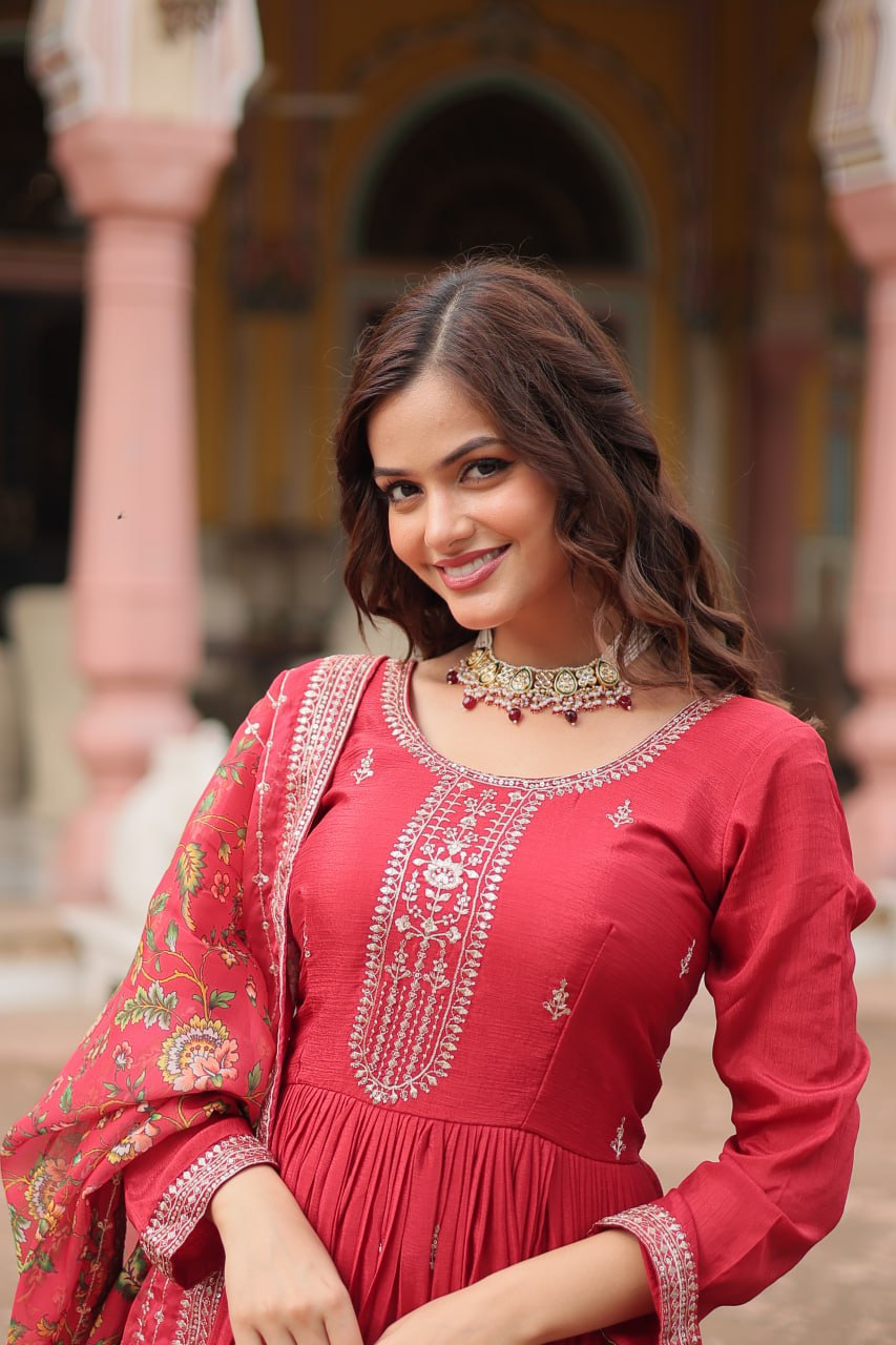 Maroon Color Chinon With Rich Sequins Embroidered Work Gown