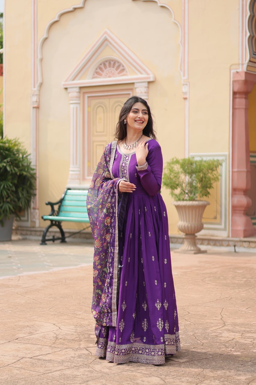 Purple Color Chinon With Rich Sequins Embroidered Work Gown