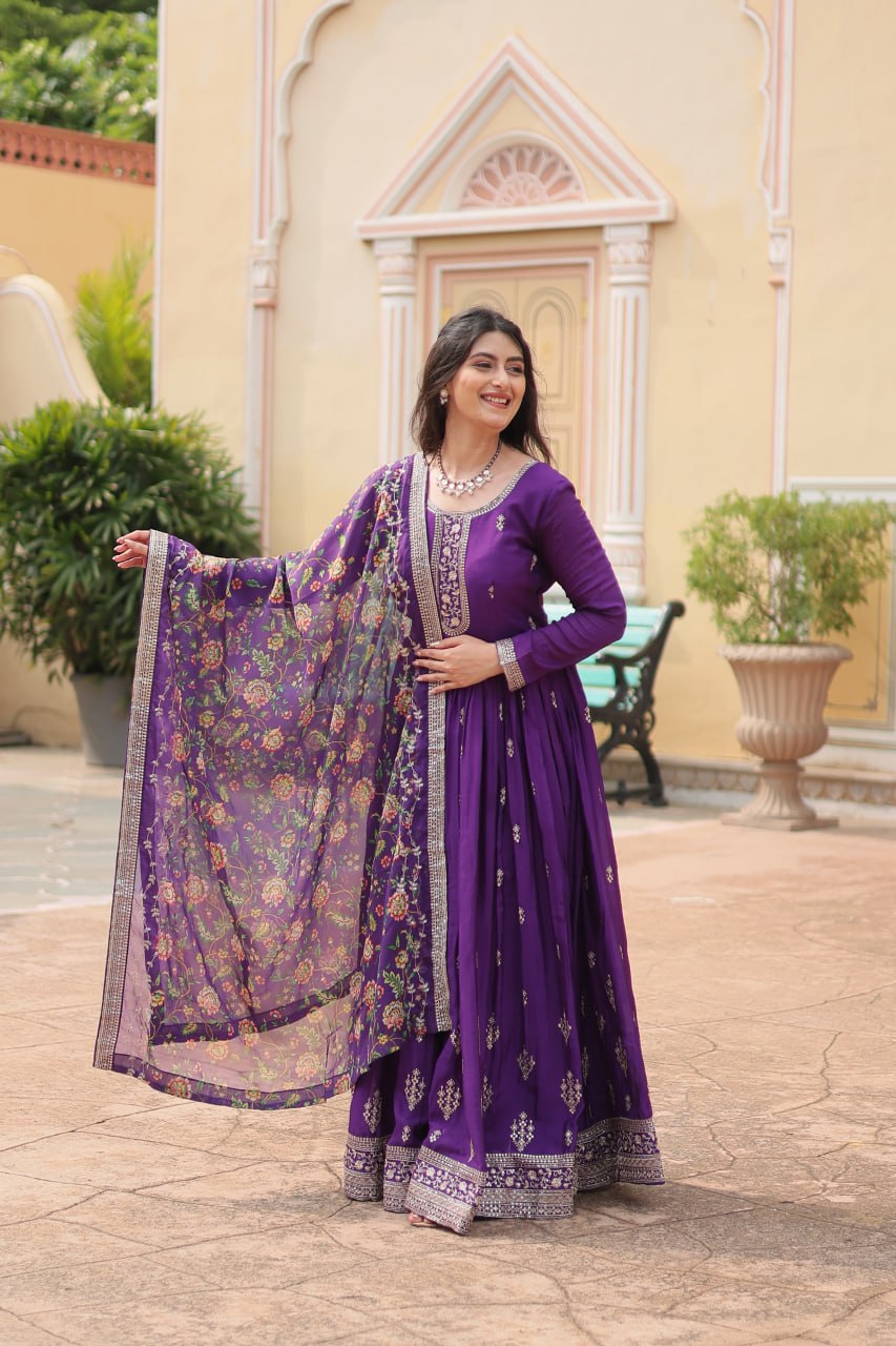 Purple Color Chinon With Rich Sequins Embroidered Work Gown