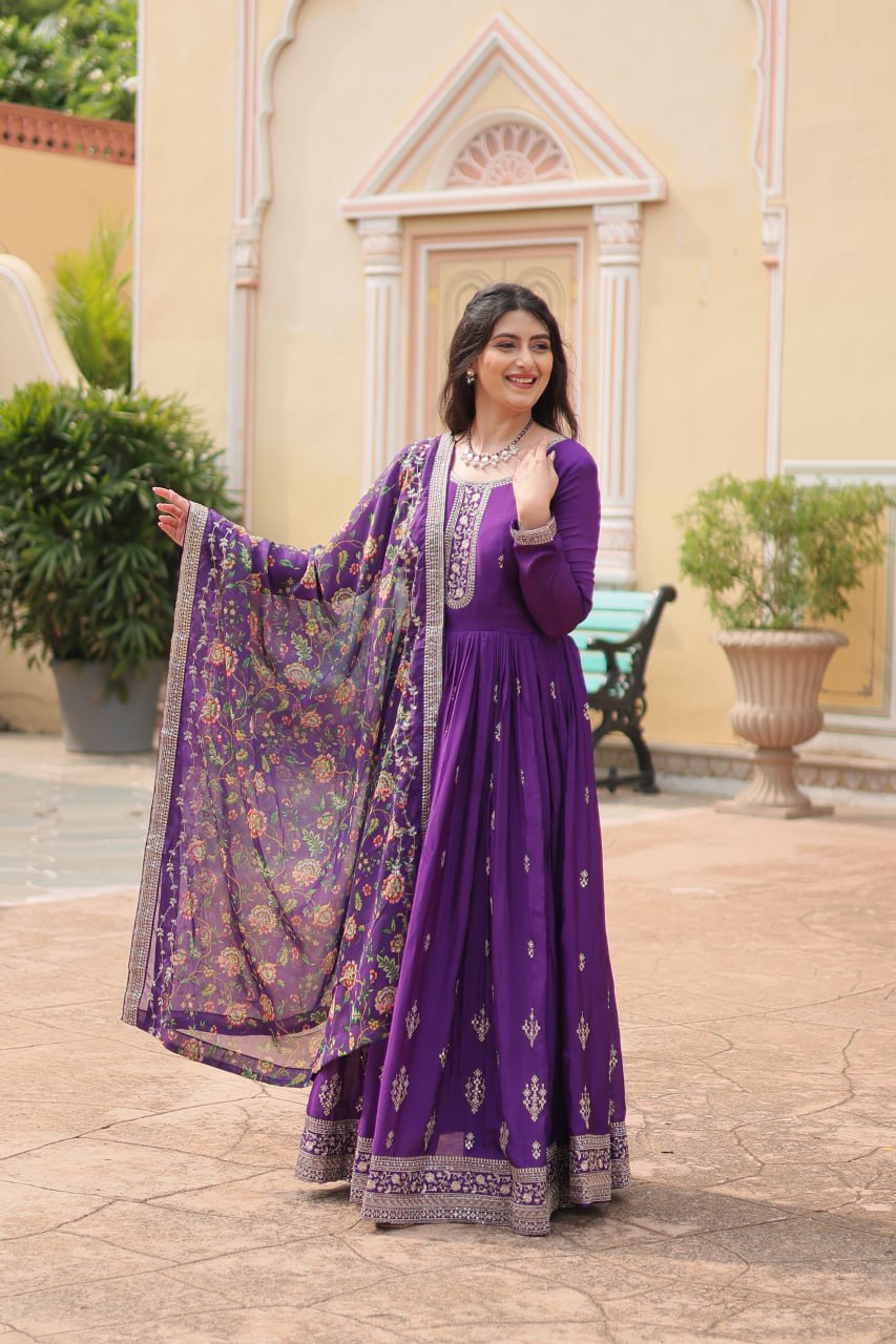 Purple Color Chinon With Rich Sequins Embroidered Work Gown