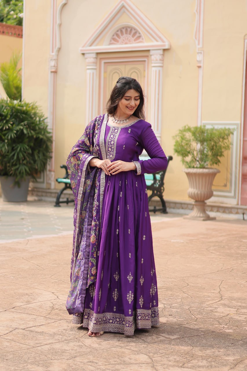 Purple Color Chinon With Rich Sequins Embroidered Work Gown