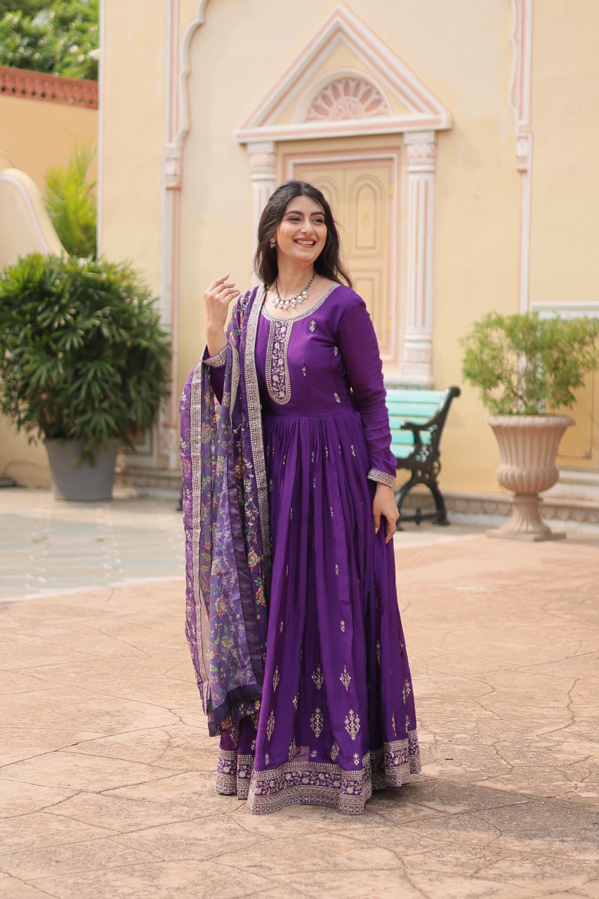 Purple Color Chinon With Rich Sequins Embroidered Work Gown