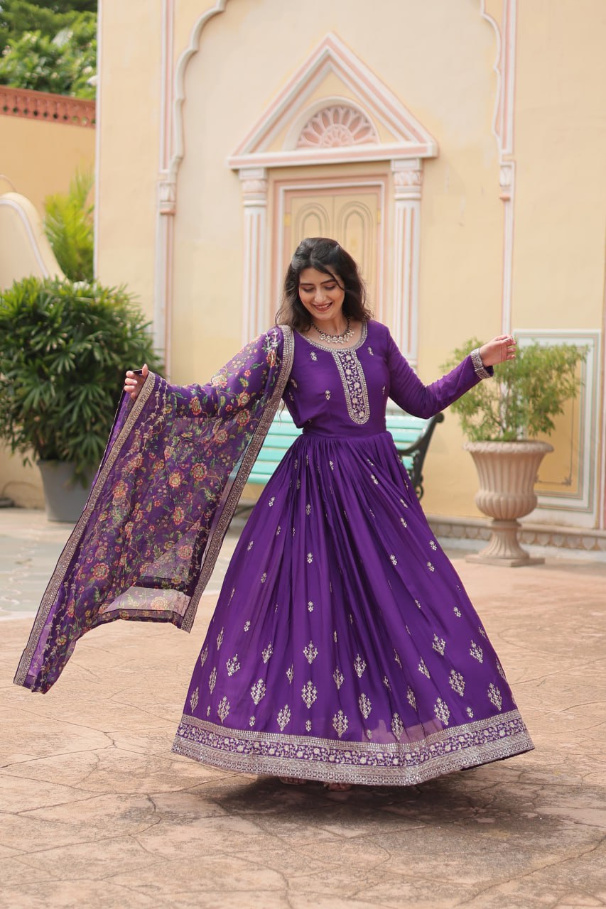 Purple Color Chinon With Rich Sequins Embroidered Work Gown