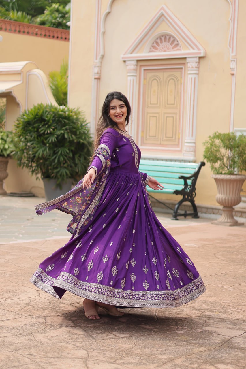 Purple Color Chinon With Rich Sequins Embroidered Work Gown