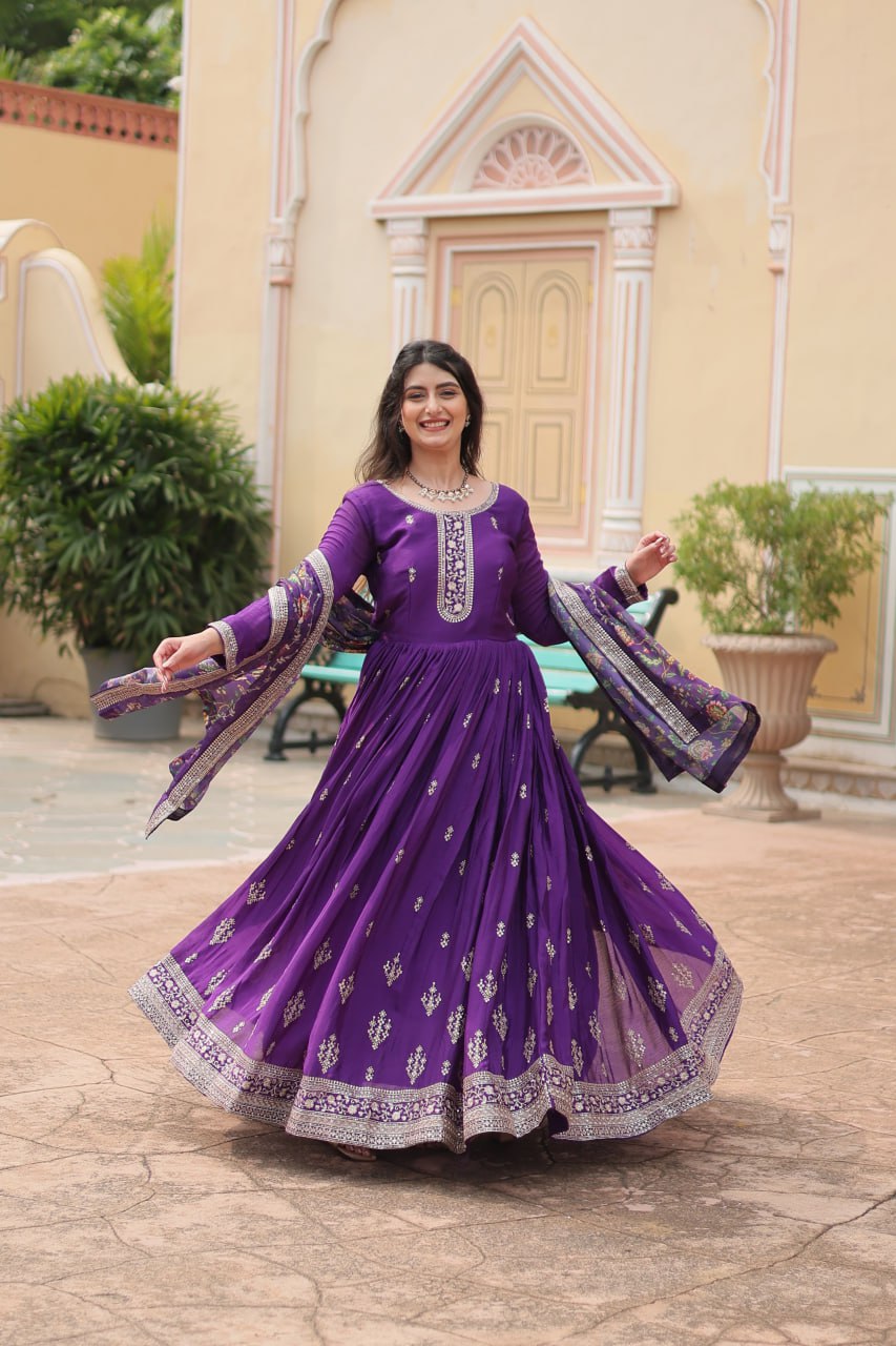 Purple Color Chinon With Rich Sequins Embroidered Work Gown