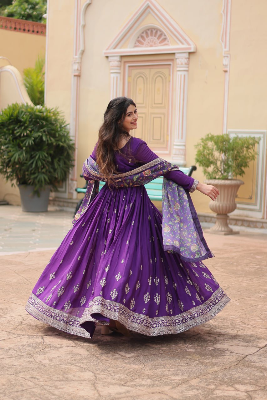 Purple Color Chinon With Rich Sequins Embroidered Work Gown