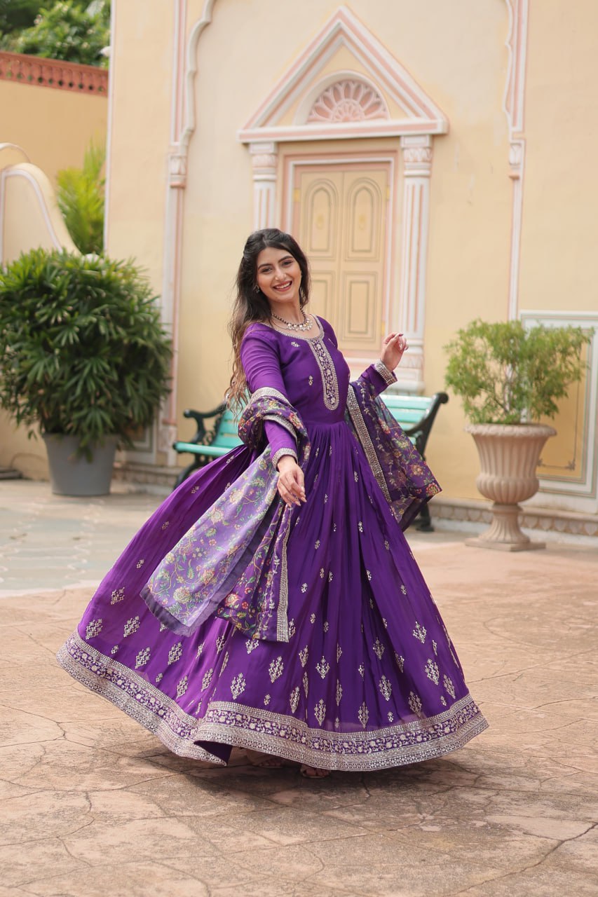 Purple Color Chinon With Rich Sequins Embroidered Work Gown