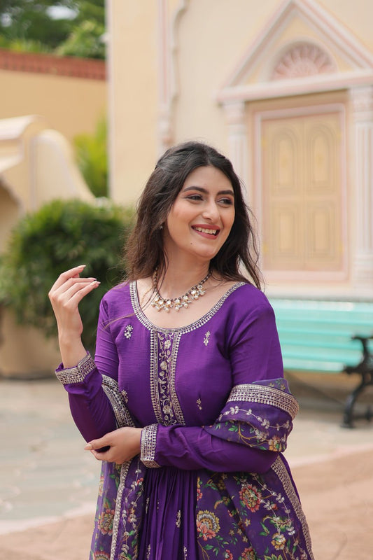 Purple Color Chinon With Rich Sequins Embroidered Work Gown