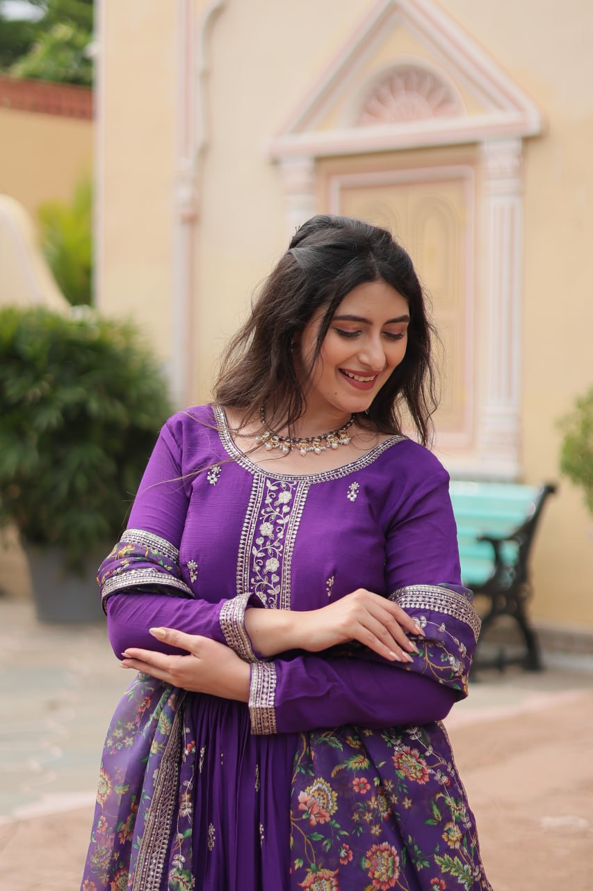 Purple Color Chinon With Rich Sequins Embroidered Work Gown
