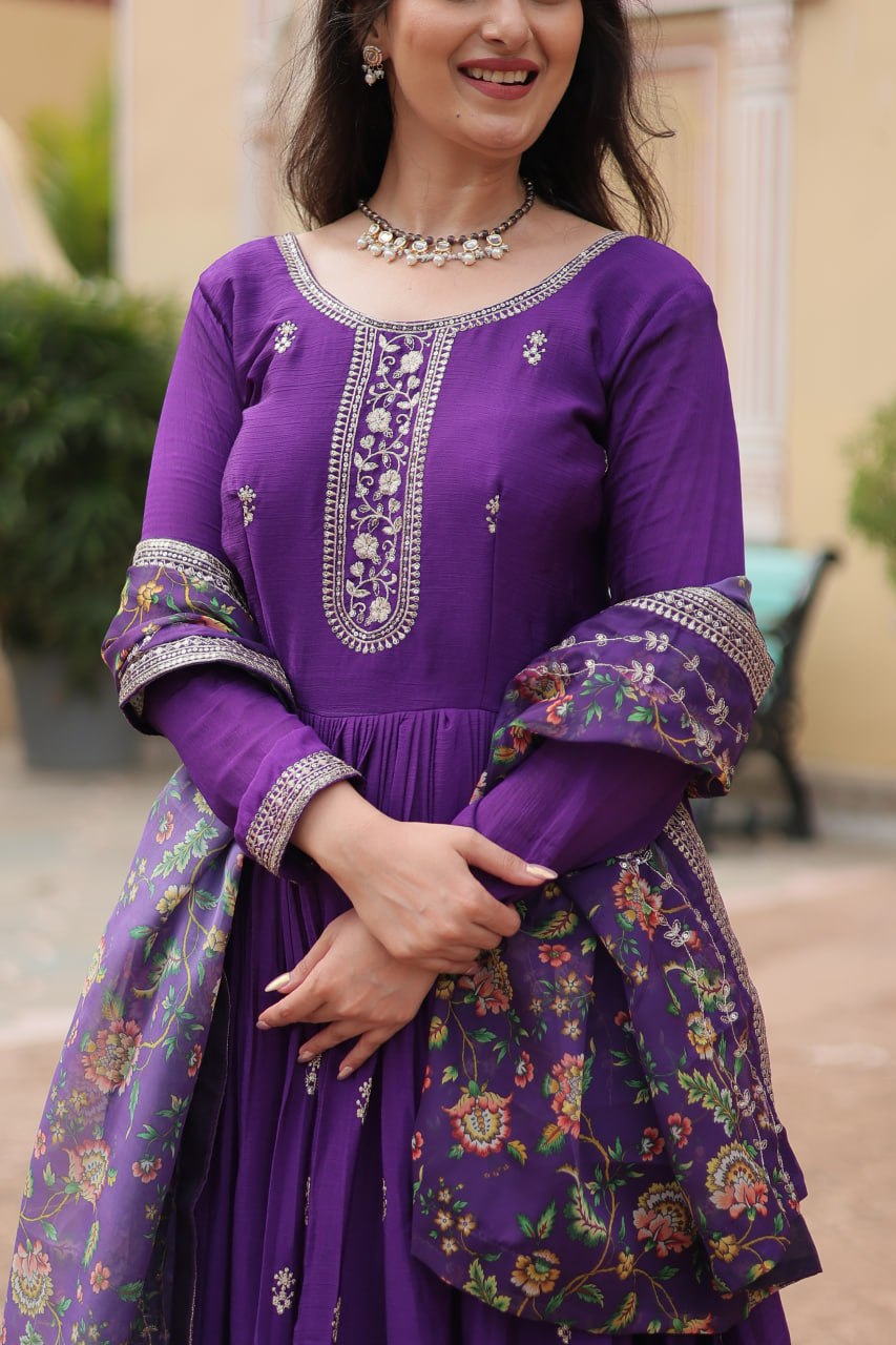 Purple Color Chinon With Rich Sequins Embroidered Work Gown