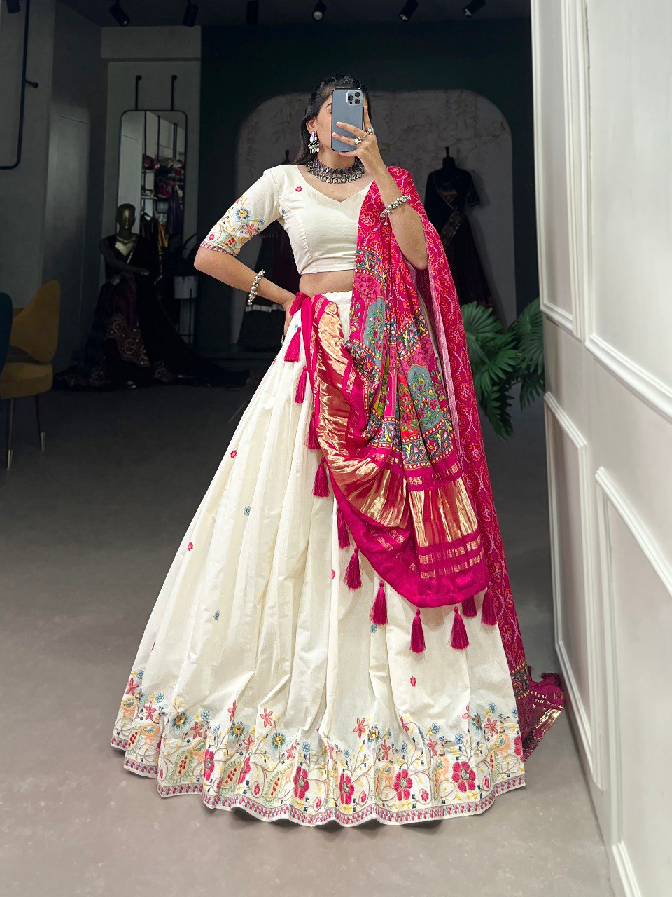 Khadi Cotton Sequins And Thread Embroidery Work Lehenga Choli
