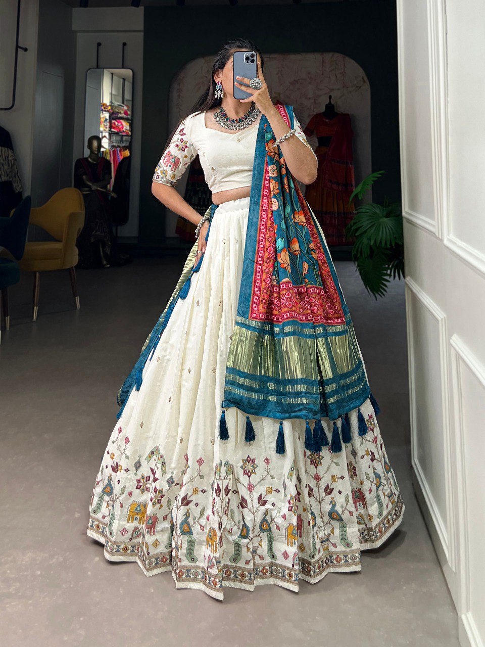 Khadi Cotton Sequins And Thread Embroidery Work Lehenga Choli