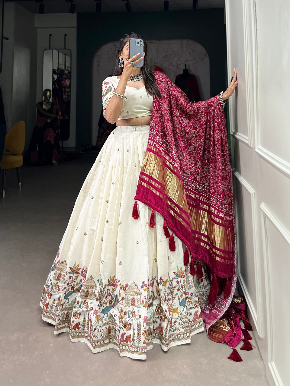 Khadi Cotton Sequins And Thread Embroidery Work Lehenga Choli
