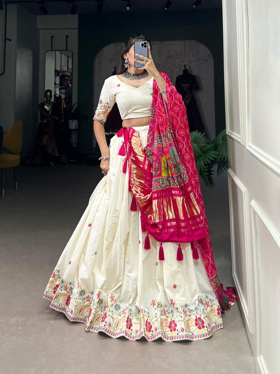 Khadi Cotton Sequins And Thread Embroidery Work Lehenga Choli