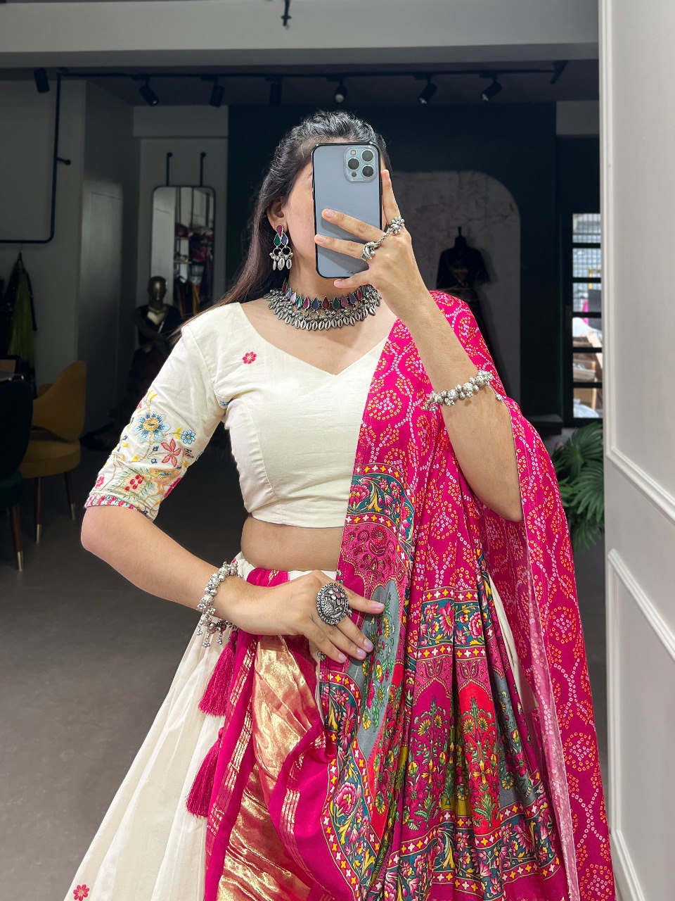 Khadi Cotton Sequins And Thread Embroidery Work Lehenga Choli