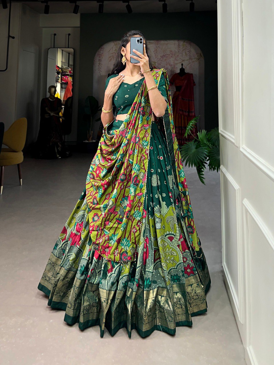 Green Color Tussar Silk Kalamkari Print With Foil Work Border Lehenga Choli