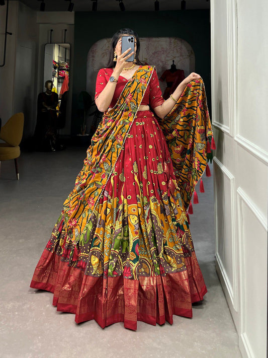 Red Color Tussar Silk Kalamkari Print With Foil Work Border Lehenga Choli