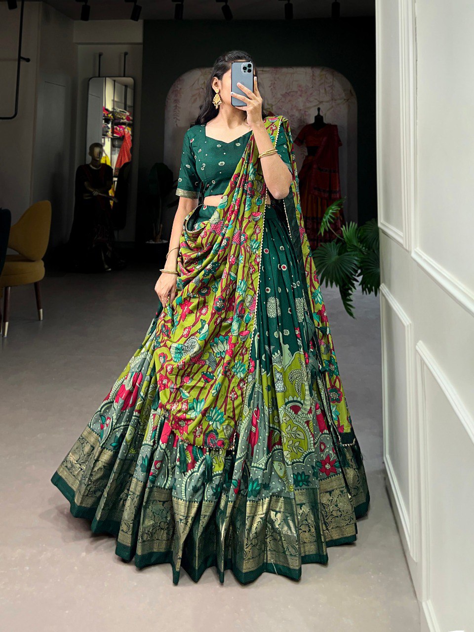 Green Color Tussar Silk Kalamkari Print With Foil Work Border Lehenga Choli