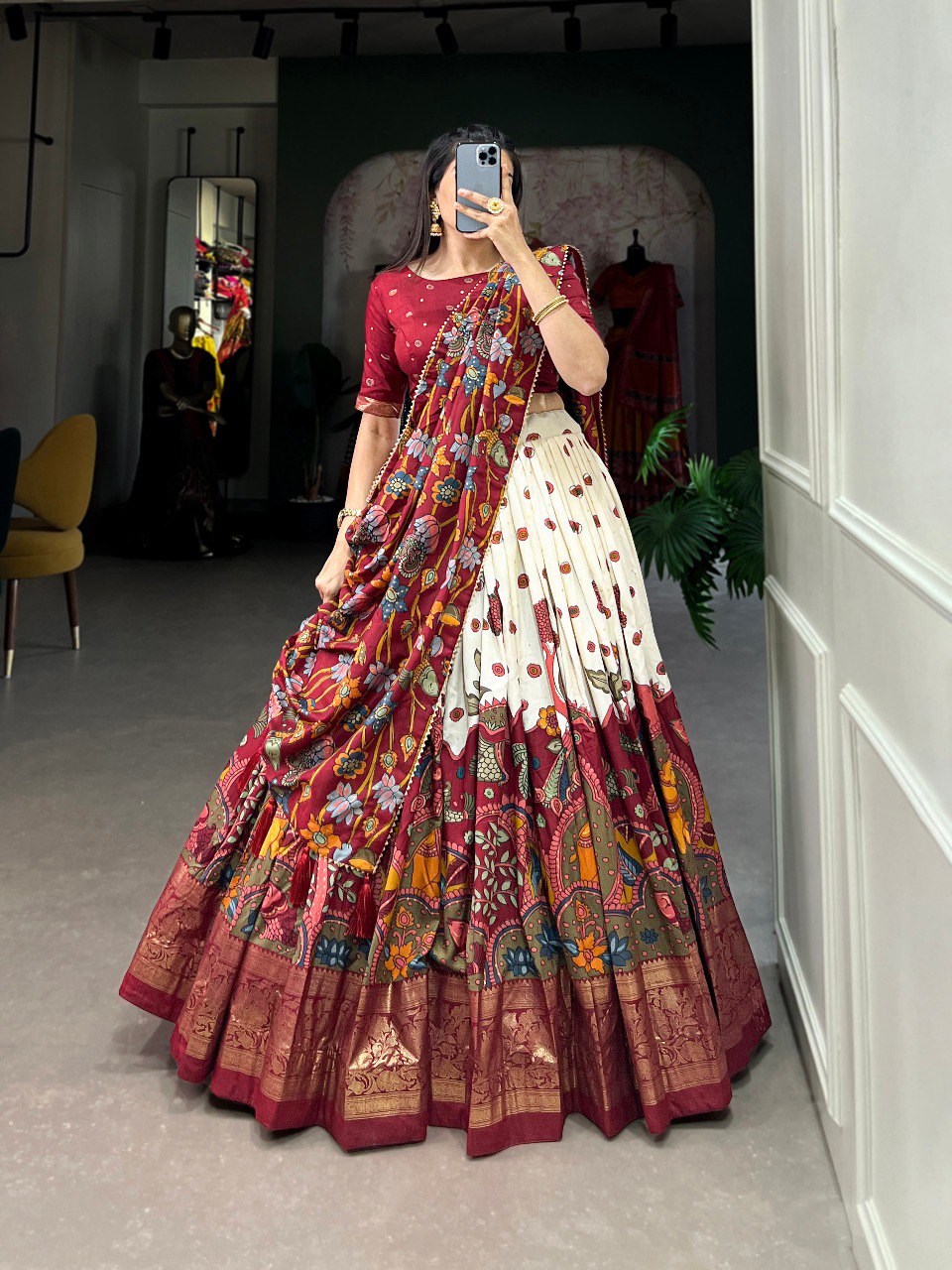 Off White Color Tussar Silk Kalamkari Print With Foil Work Border Lehenga Choli