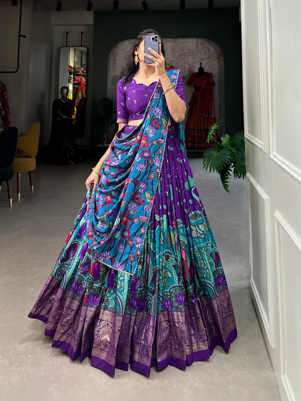 Purple Color Tussar Silk Kalamkari Print With Foil Work Border Lehenga Choli