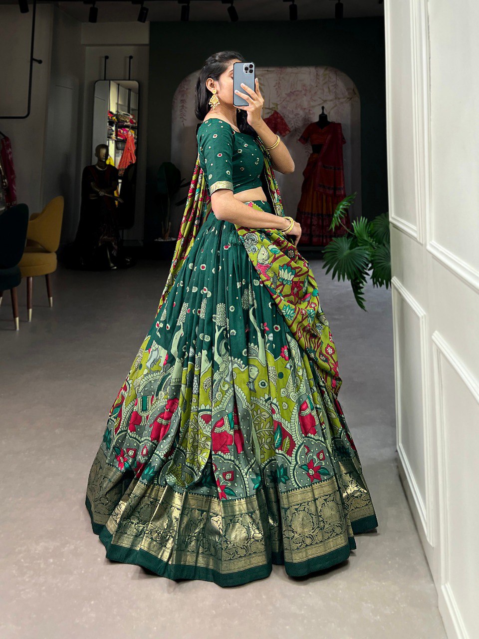 Green Color Tussar Silk Kalamkari Print With Foil Work Border Lehenga Choli