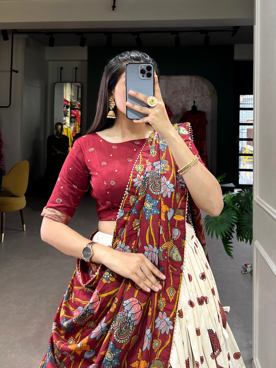 Off White Color Tussar Silk Kalamkari Print With Foil Work Border Lehenga Choli