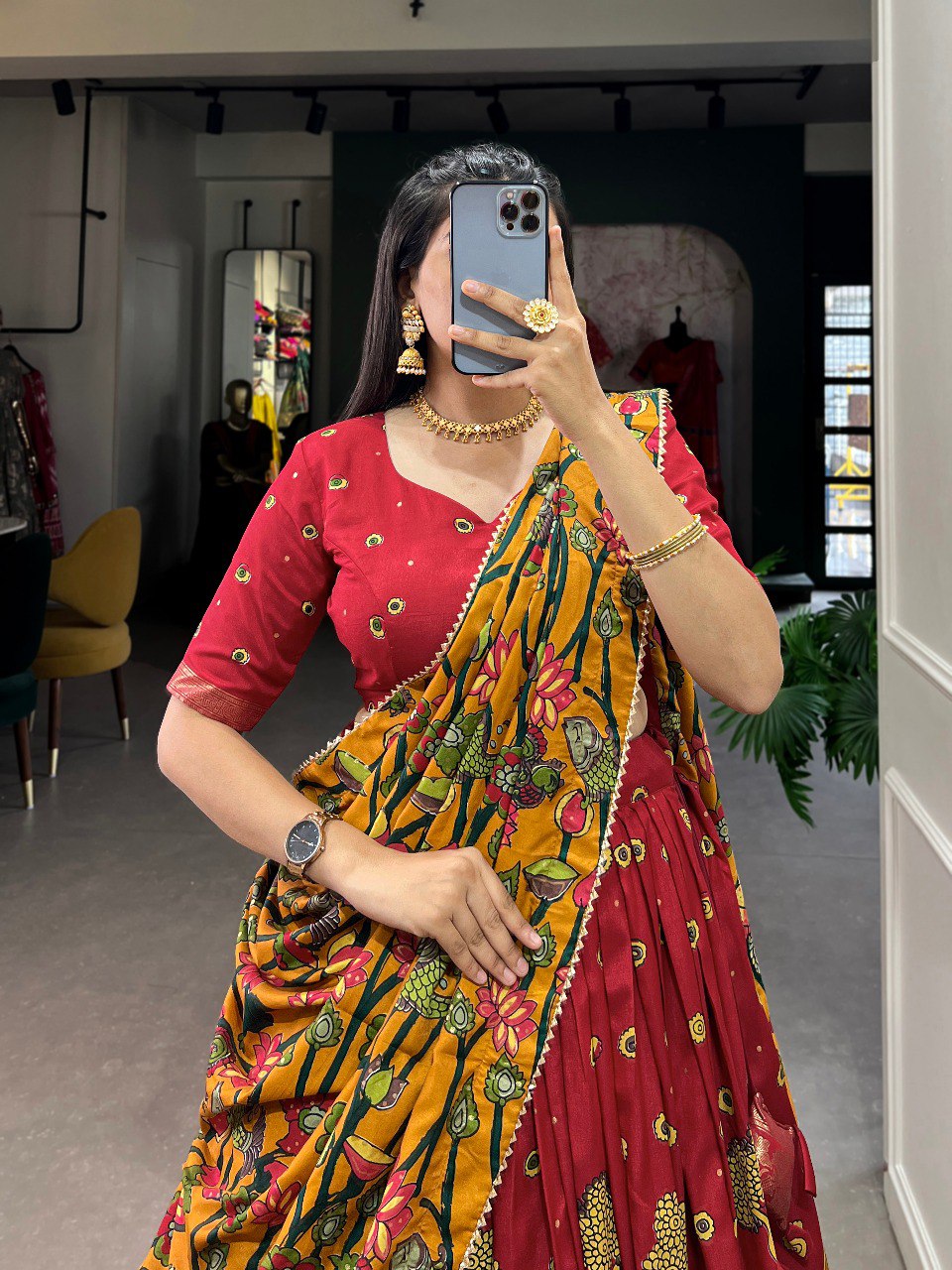 Red Color Tussar Silk Kalamkari Print With Foil Work Border Lehenga Choli