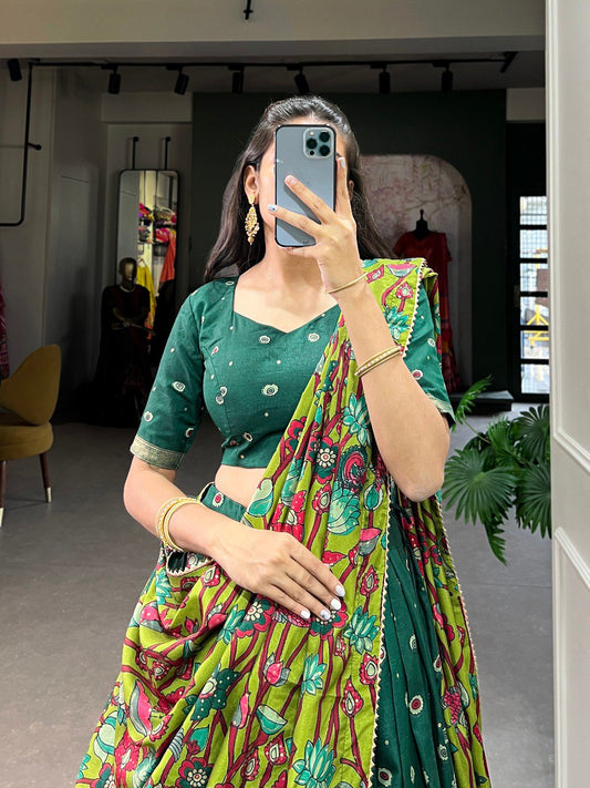 Green Color Tussar Silk Kalamkari Print With Foil Work Border Lehenga Choli