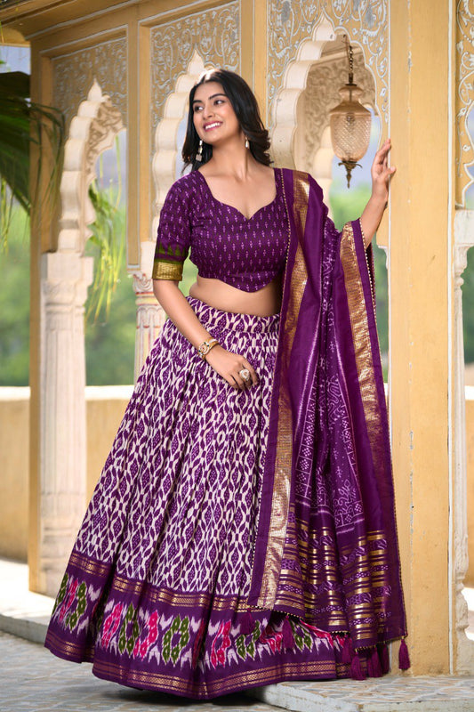 Purple Colour Tussar Silk Ikkat Print With Foil Work Lehenga Choli