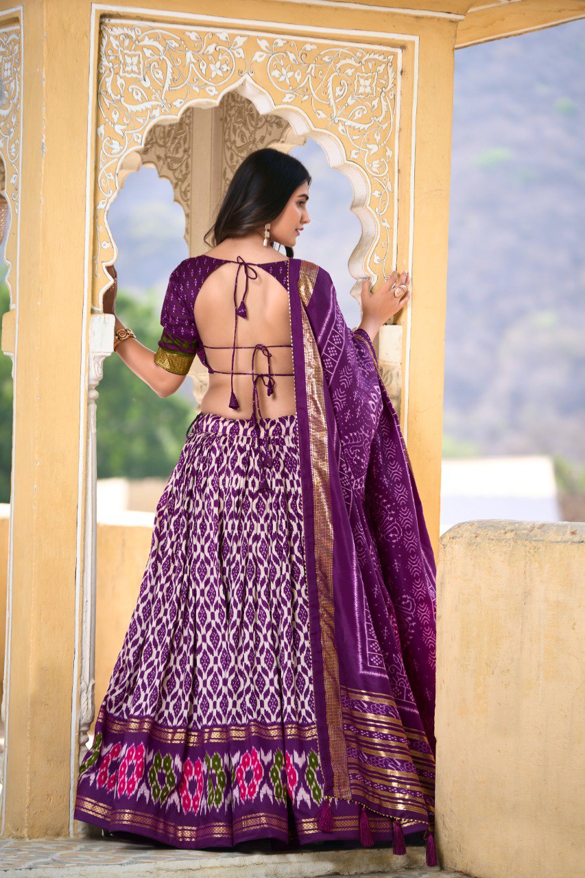Purple Colour Tussar Silk Ikkat Print With Foil Work Lehenga Choli