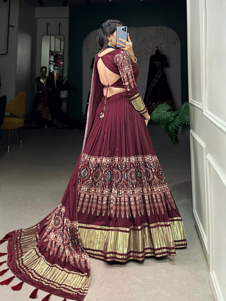Maroon Color Gaji Silk Digital Print With Lagadi Patta Stitched With Canvas and Can Can Lehenga Choli