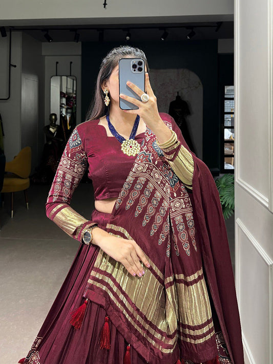 Maroon Color Gaji Silk Digital Print With Lagadi Patta Stitched With Canvas and Can Can Lehenga Choli
