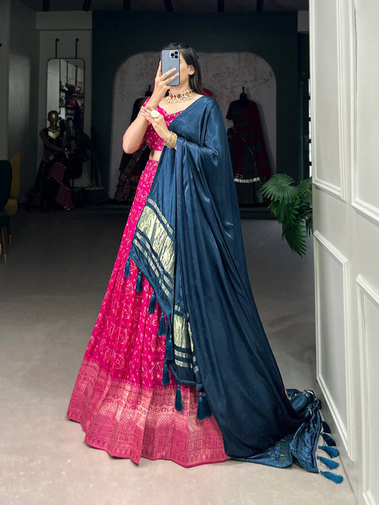 Pink Color Viscose Dola Silk Printed With Zari Weaving Border Lehenga Choli